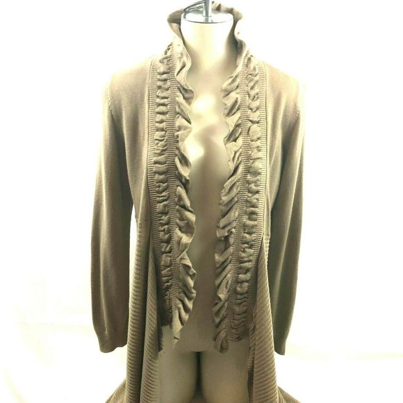 allison brittney Womens Large Light Brown Sweater Open Front Ruffles Shark Bite - Picture 1 of 11